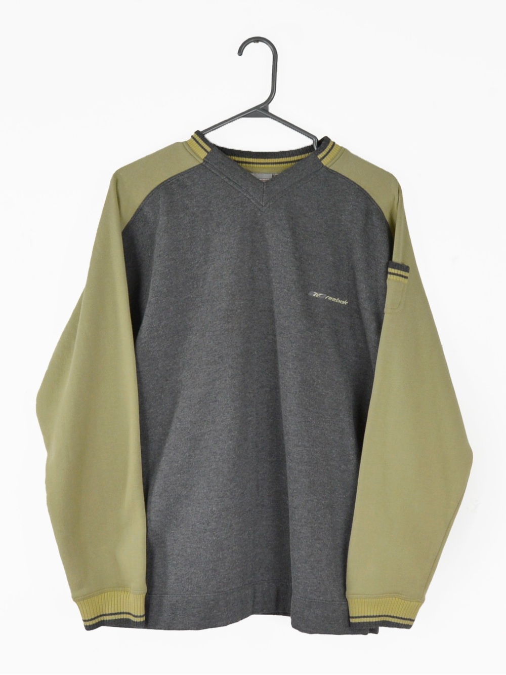 Vintage 90s Reebok V-Neck Pullover Sweater Olive Sage Raglan 2000s Y2K